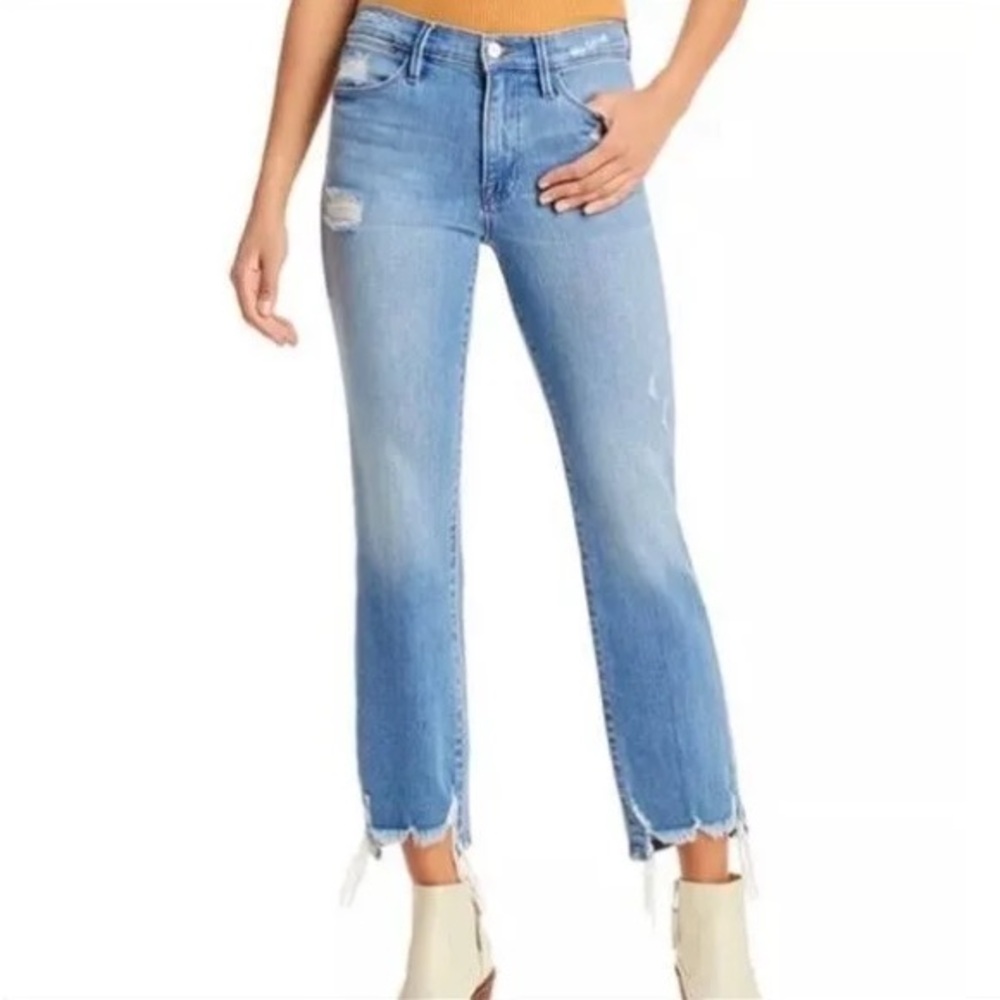 Frame Le High Straight Laskey Rips Distressed Denim Jeans Light Wash Size 23 - Picture 4 of 10